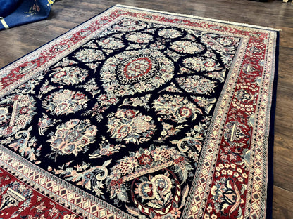 Sino Persian Rug 8x10, Floral Kirman Carpet, Navy Blue and Red, Floral Vases, Handmade Vintage Wool Carpet, 320 KPSI