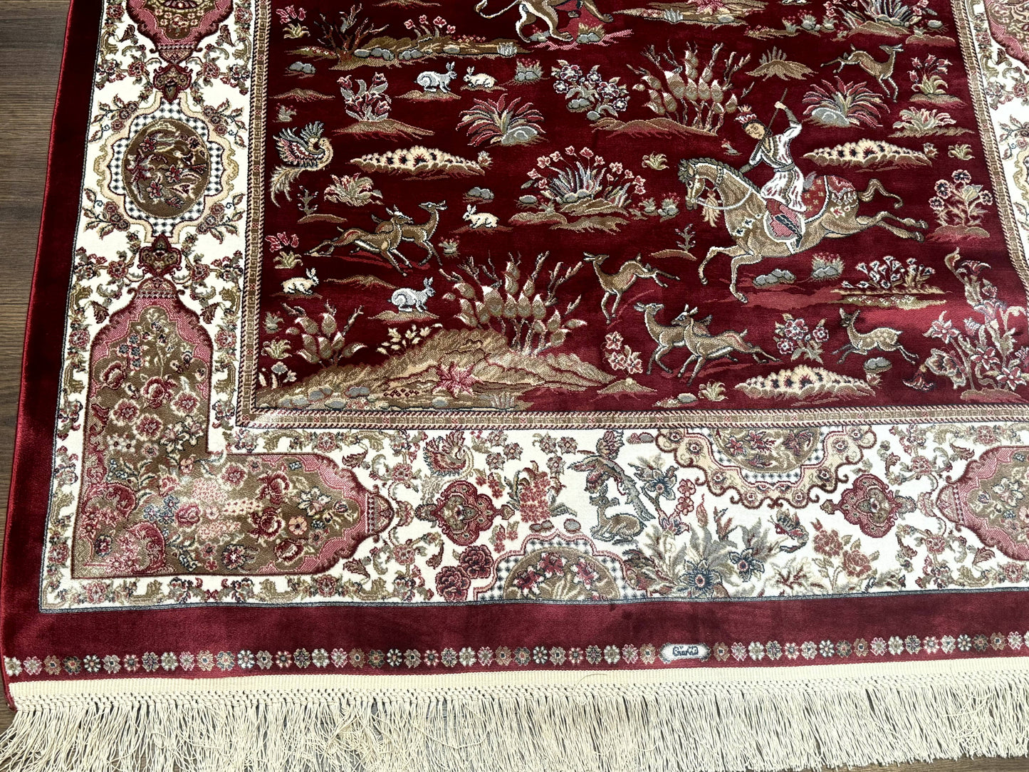 Turkish Silk Hunting Design Rug 4x6 Bamboo Silk Dark Red Ivory