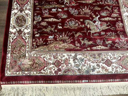 Turkish Silk Hunting Design Rug 4x6 Bamboo Silk Dark Red Ivory