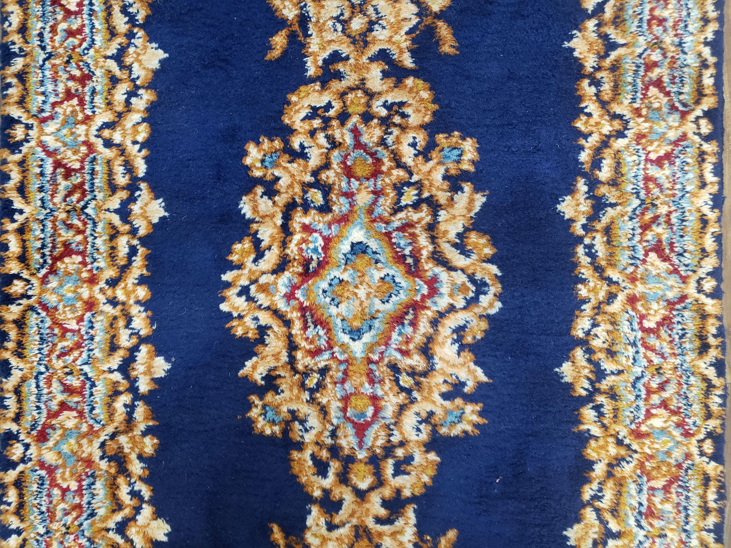 Semi Antique Dark Blue Persian Kerman Runner Hand Knotted Wool Open Field Medallion