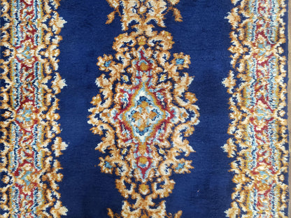 Semi Antique Dark Blue Persian Kerman Runner Hand Knotted Wool Open Field Medallion