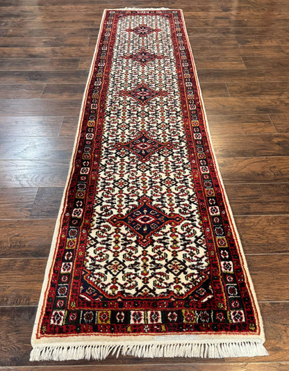 Indo Persian Bidjar Runner Rug 2.8 x 10, Vintage Rug for Hallway, 10ft Runner, Wool Handmade Ivory and Red, Medallions