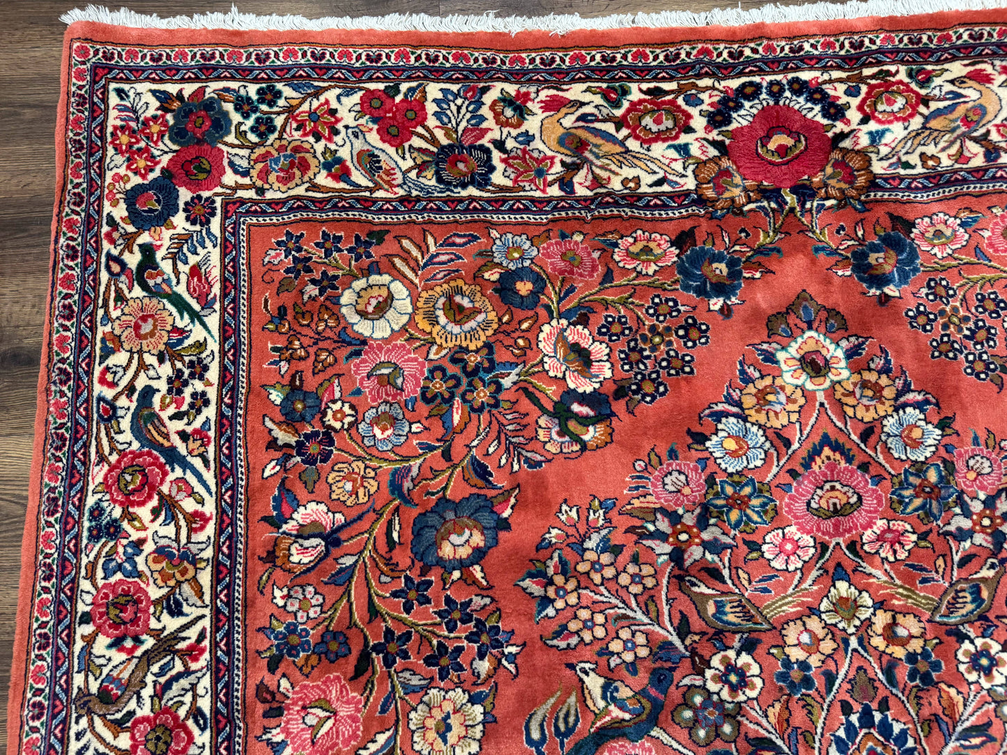 Persian Sarouk Rug 7x10 Red Ivory Floral Bouquets With Birds