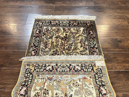 Silk Tree of Life Persian Qum Rug 3x4, Hand Knotted Vintage Carpet, Cream & Black, Very Fine Oriental Rug, Animal Pictorials, Birds