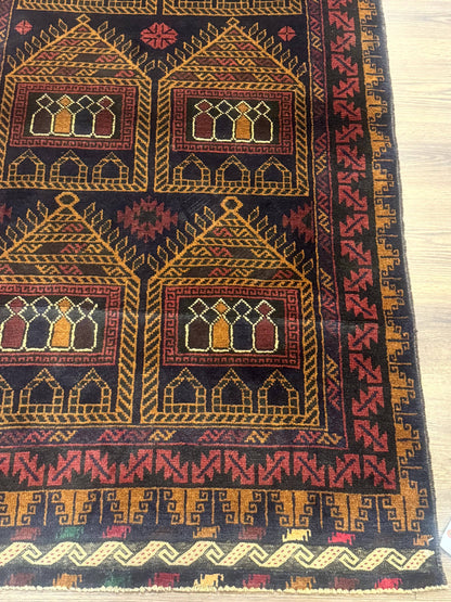 Afghan Balouch Rug Navy Blue 3x7 Handmade Hand Knotted Wool