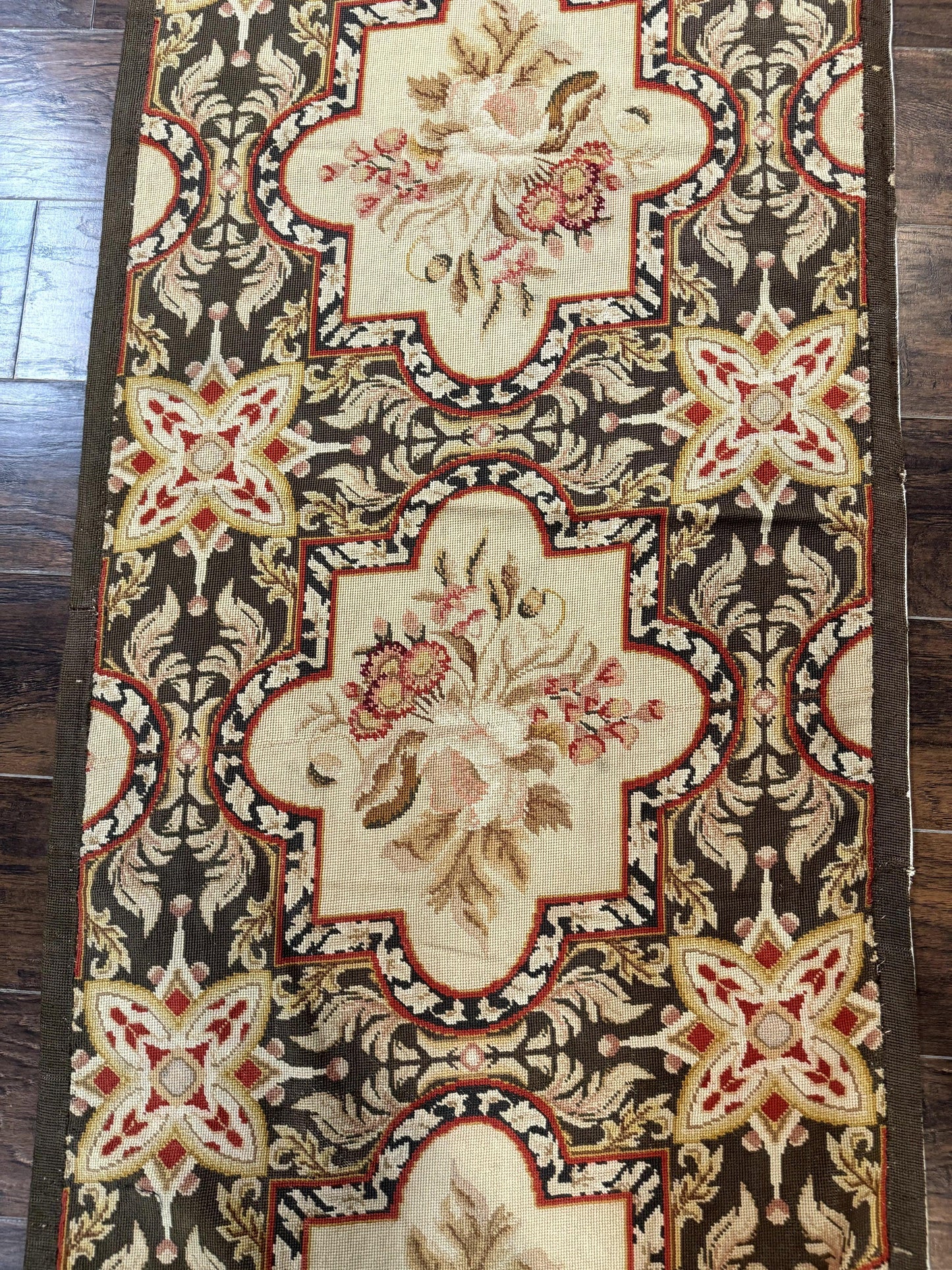 Needlepoint Runner Rug 2.7 x 9.7, European French Design, Wool, Handmade, Vintage