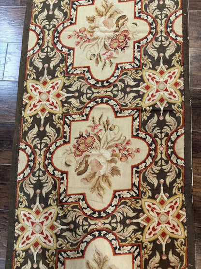 Needlepoint Runner Rug 2.7 x 9.7, European French Design, Wool, Handmade, Vintage