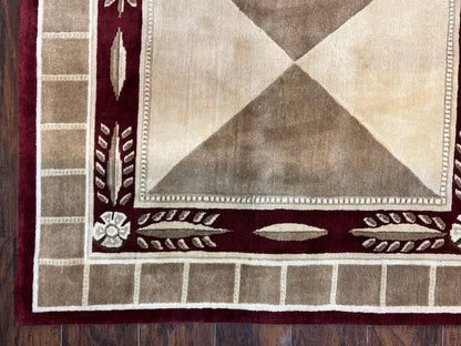 Indo Tibetan Rug 10x14, Nepali Carpet, Large Soft Wool Area Rug, Olive Tan Maroon, Contemporary Rug 10 x 14 ft Living Room Rug, Handmade Rug