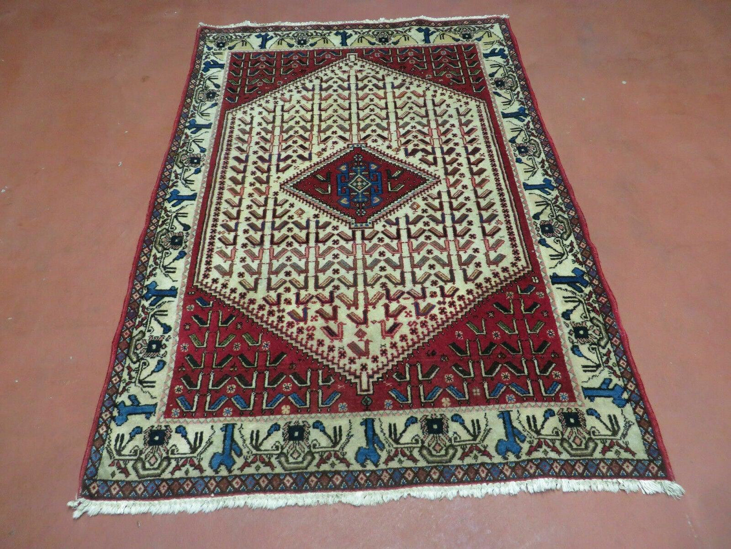 Vintage Handmade Wool Rug India Geometric Oriental Birds Ivory Red 3x5