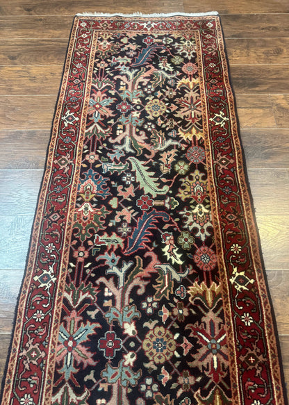 Indo Persian Runner Rug 2.7 x 13, Navy Blue and Red, Allover Floral, Wool, 13ft Runner