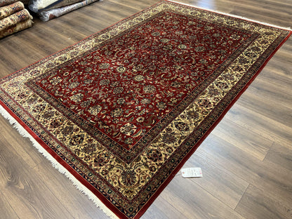 Vintage Indo Persian Rug 6x9, Very Finely Hand-Knotted Carpet 6 x 9 Red Cream Indian Oriental Carpet, Traditional Floral Wool Area Rug 1970s