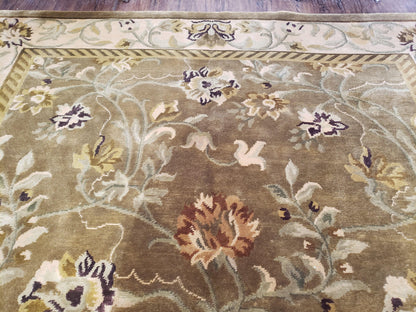 Premium Tibetan Wool Rug 8x10 Hand Knotted Green Beige Floral Area Rug
