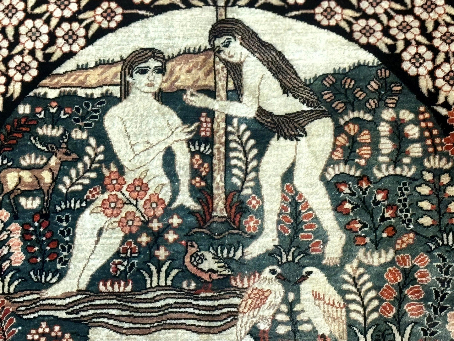 Stunning Sino Persian Pictorial Rug 2.7 x 4, Garden of Eden Adam & Eve Tree of Life Design, Extremely Fine 580 KPSI, Masterpiece