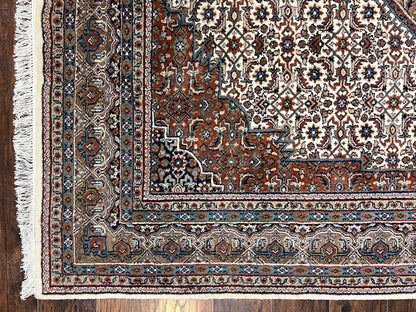 Indo Persian Rug 7x10 ft, Hand Knotted Wool Vintage Oriental Carpet 7 x 10, Traditional Handmade Herati Bidjar Cream Rug, Medallion Rug