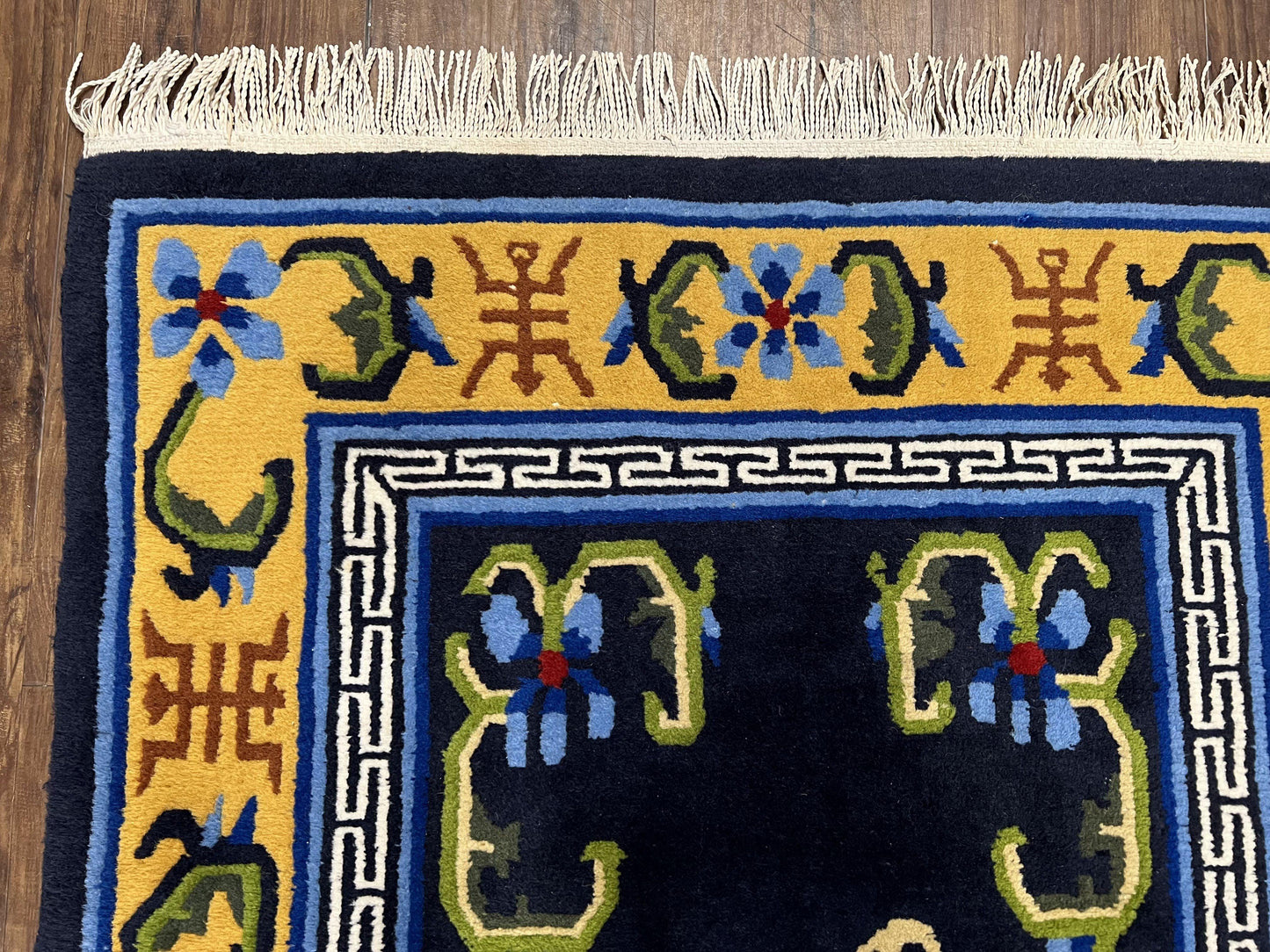 Chinese Art Deco Rug Hand Knotted Vintage Wool Carpet 3x6 Dark Blue Gold Medallion