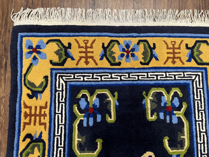 Chinese Art Deco Rug Hand Knotted Vintage Wool Carpet 3x6 Dark Blue Gold Medallion