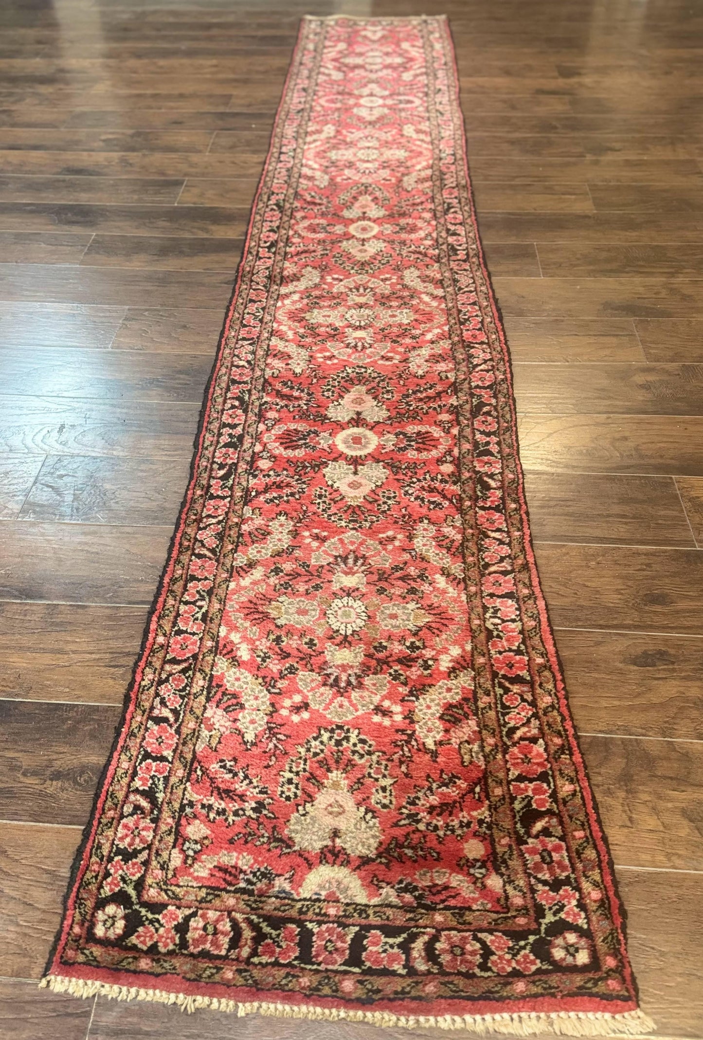 Persian Hamadan Runner Rug 2 x 13.6 – Red Floral Wool Hallway Carpet