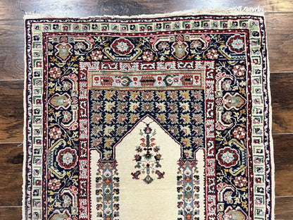 Turkish Prayer Rug Two Point Five By Four Vintage Wool Hand Knotted Ivory Carpet