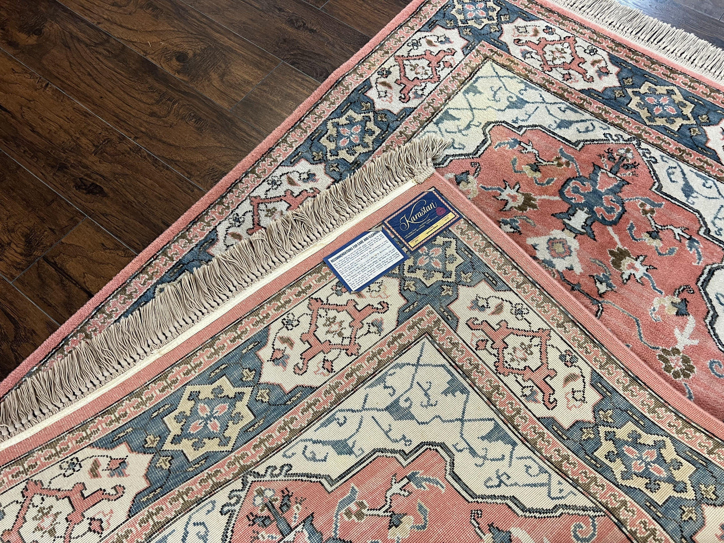 Karastan Rug 4x6 Bergama Design #737, Karastan Area Rug, Vintage Wool Karastan Carpet, Original Collection 700 Series, Salmon Red Light Blue