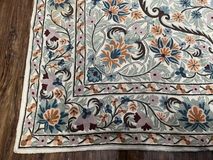 Hand Stitched Wool Rug Chain Stitched 9x12 Vintage Indian Medallion Rug