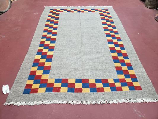 Turkish Kilim Rug Hand Knotted Wool Area Rug 5 Ft 6 In By 8 Ft Gray With Colorful Checker Border