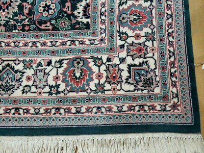 Handmade Indian Wool Rug 8x10 Vintage 1980s Oriental Floral Forest Green Organic Dye
