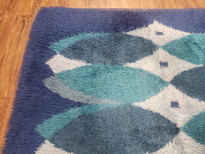Blue Rya Rug Mid Century Danish Shag Wool Abstract Modern Rug 4 Foot 6 Inch By 6 Foot 7 Inch