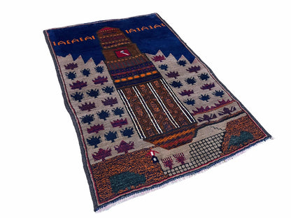 Baluchi Rug Vintage Handmade Wool Afghan Tribal 3 By 4.5 Feet Red Blue Beige