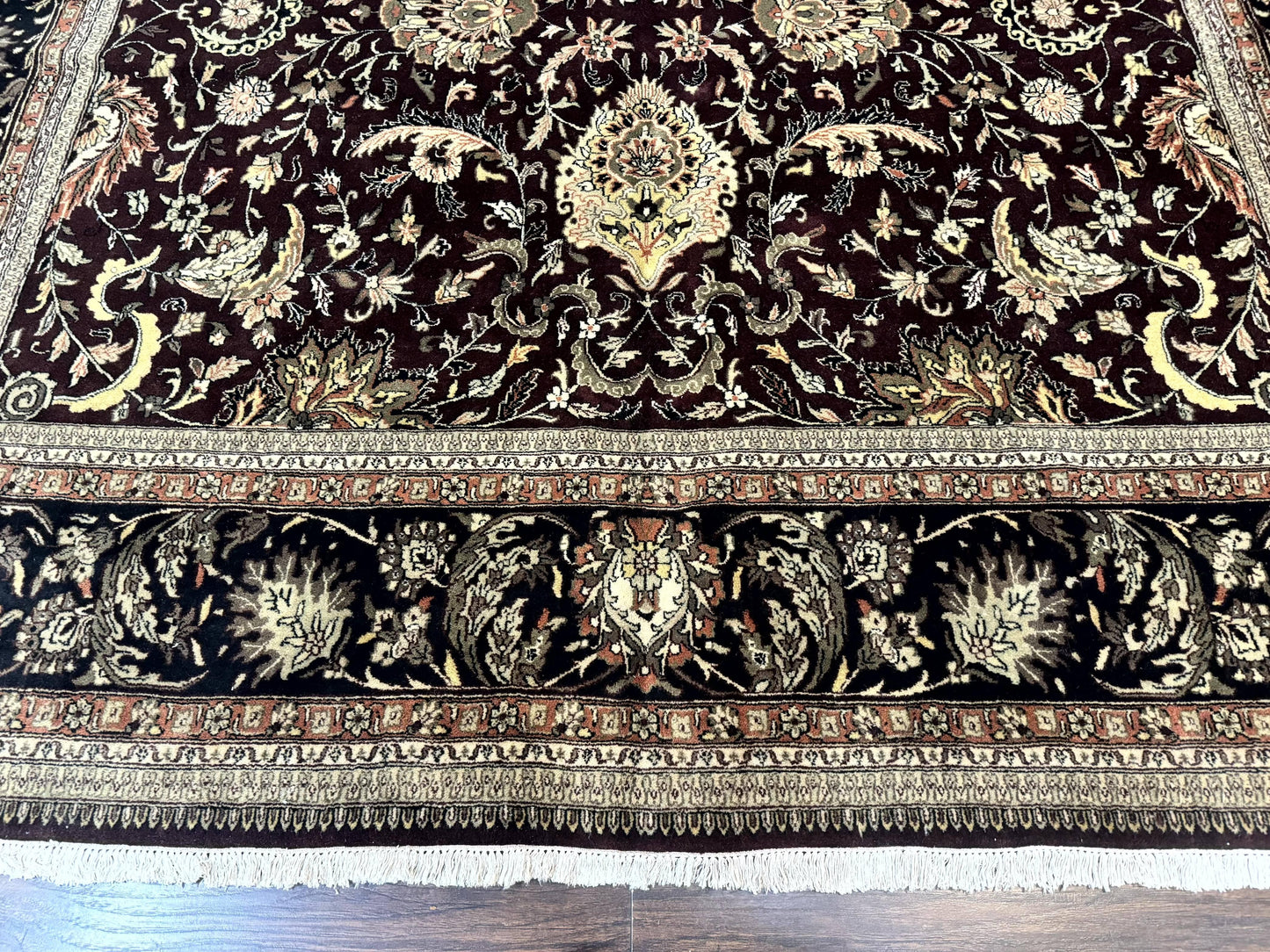 Indo Persian Rug 10x14 Handmade Wool Floral Allover Vintage Dark Maroon Plum Black
