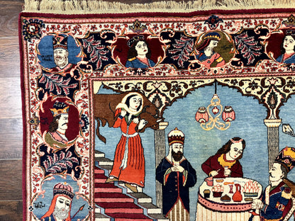 Rare Persian Kashan Pictorial Rug 6x9, King Bahram Hunting Scene, Persian Kings, Hand Knotted Persian Rug for Wall Hanging, Antique, Wool