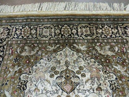 Handmade Chinese Silk Rug Deer And Birds Hand Knotted One Of A Kind 3 By 5