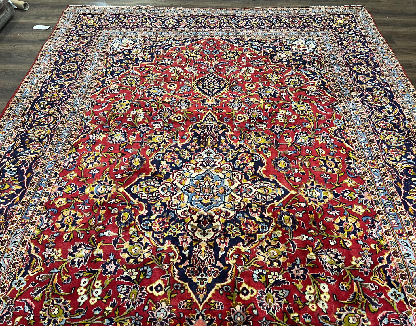 Persian Kashan Rug 9x12 Handmade Wool Oriental Carpet With Floral Medallion And Corner Design