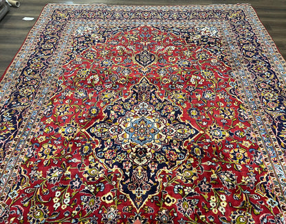 Persian Kashan Rug 9x12 Handmade Wool Oriental Carpet With Floral Medallion And Corner Design