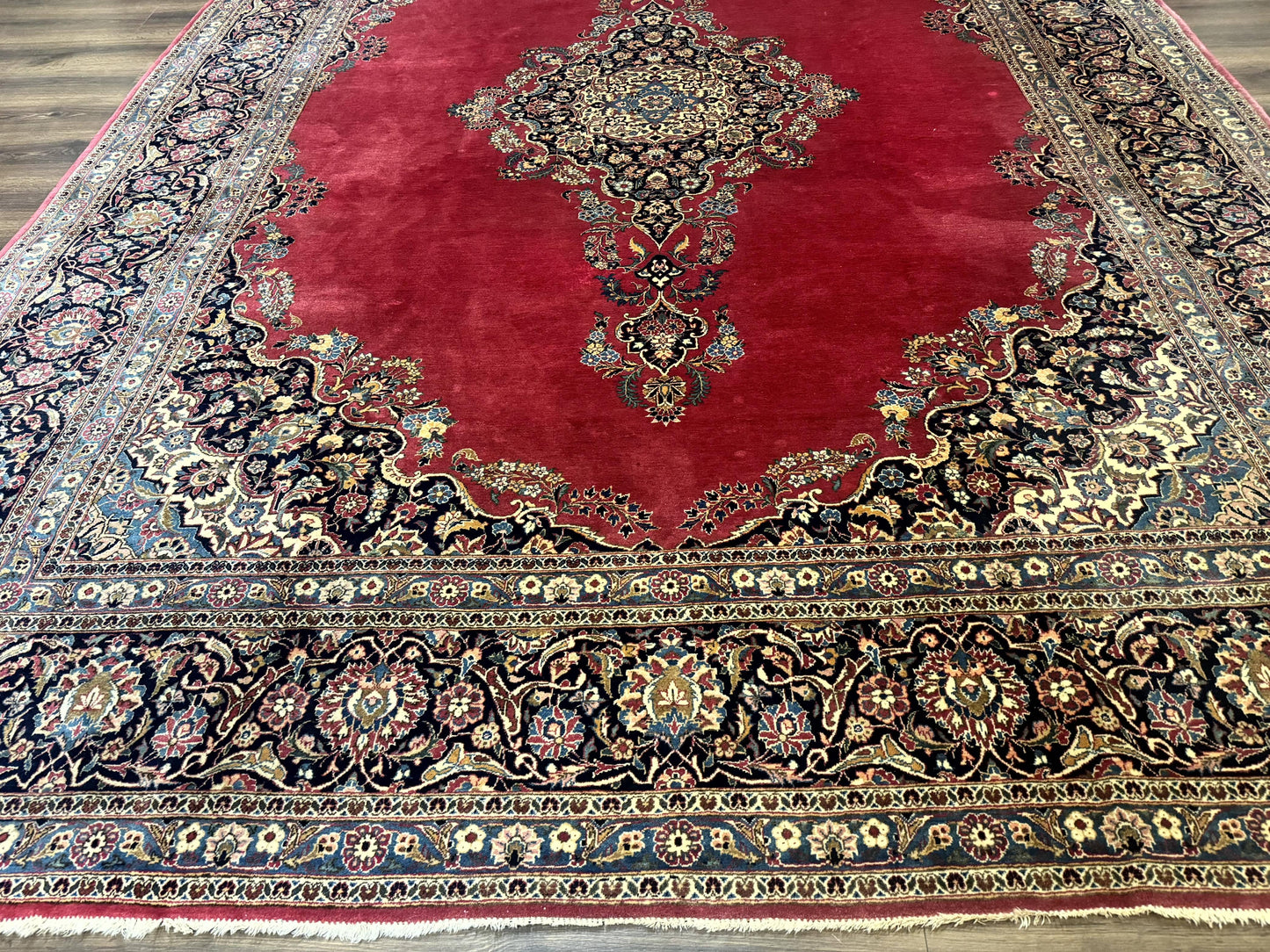 Persian Kashan Rug 9x12, Traditional, Semi Open Field, Red, Signed By Master Weaver, Antique Rug