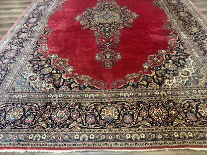 Persian Kashan Rug 9x12, Traditional, Semi Open Field, Red, Signed By Master Weaver, Antique Rug