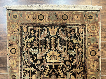 Heriz Rug 3.6 x 5, Handmade Vintage Wool Carpet, Couristan Carpet, Persian Design, Black