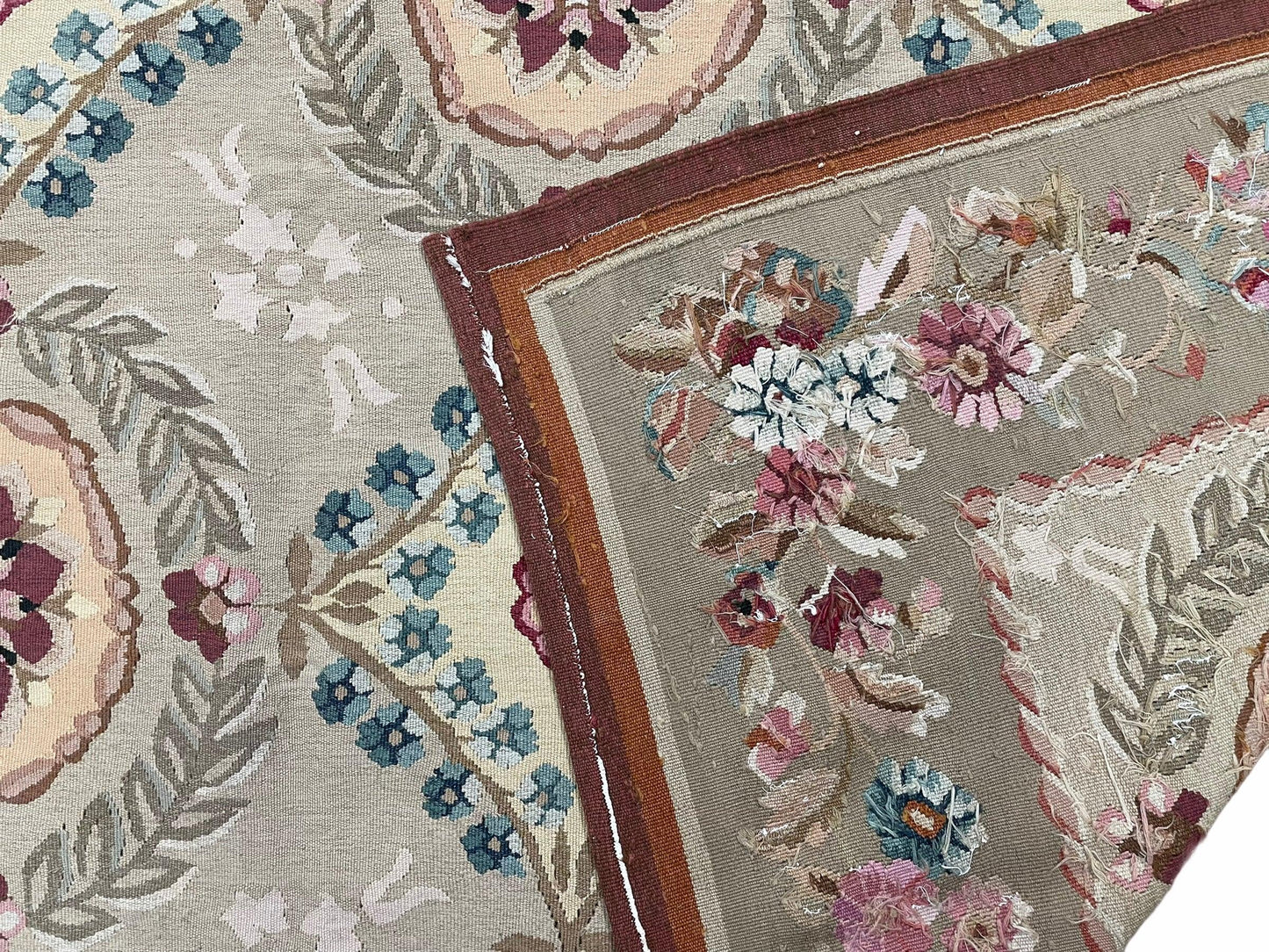 Needlepoint Carpet 9x13 Hand Knotted Beige Floral French European Style