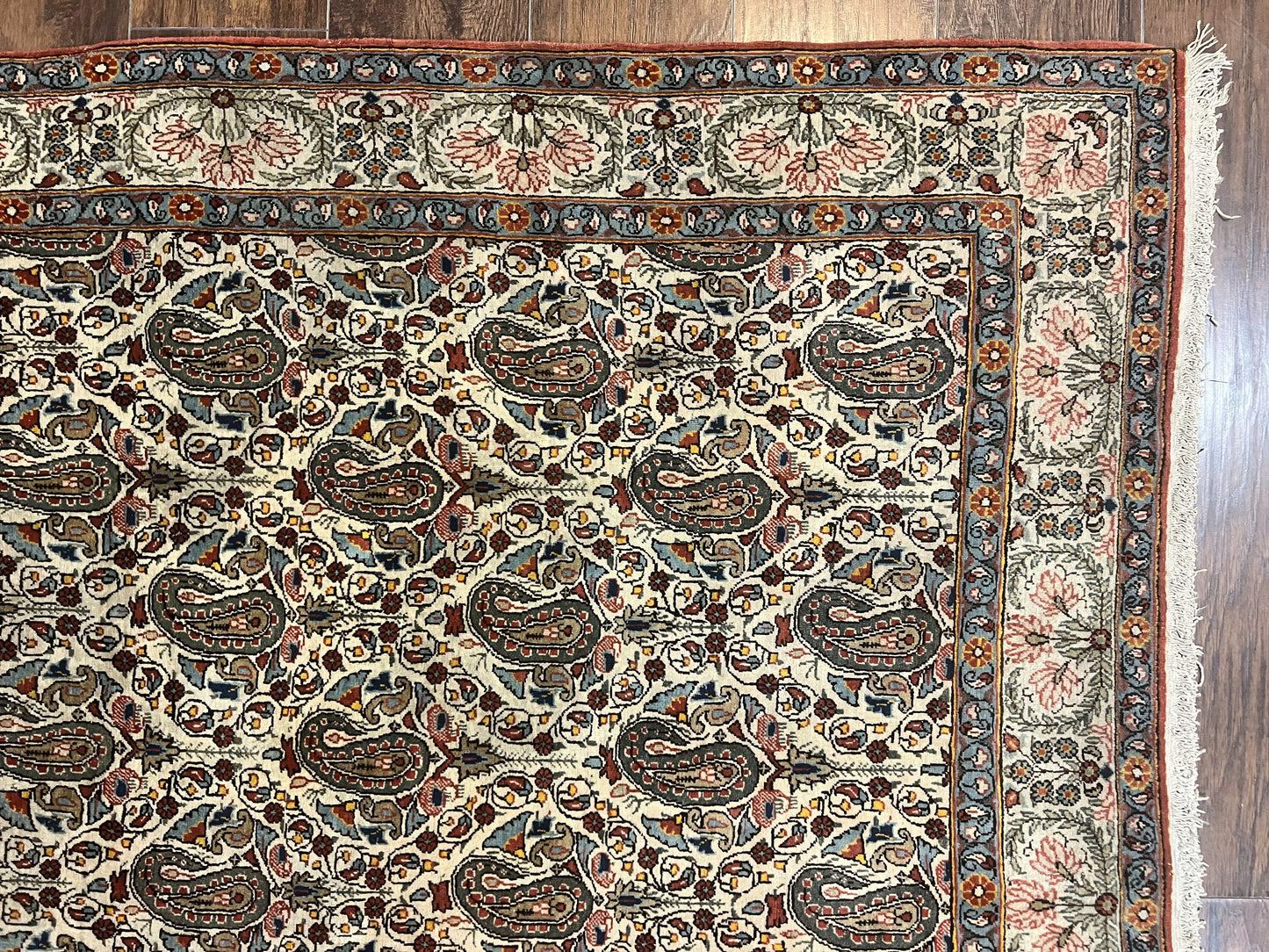 Persian Qum Rug 5x6 Cream Wool Hand Knotted Carpet With Repeated Boteh Paisley Design Semi Antique Vintage