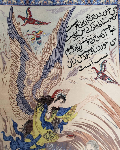 Semi Antique Persian Pictorial Rug 3'6" x 6", Angel Speaking to Prophet, Kork Wool on Silk Foundation, Detailed, Animals, Poetry, Wall Hanging Rug