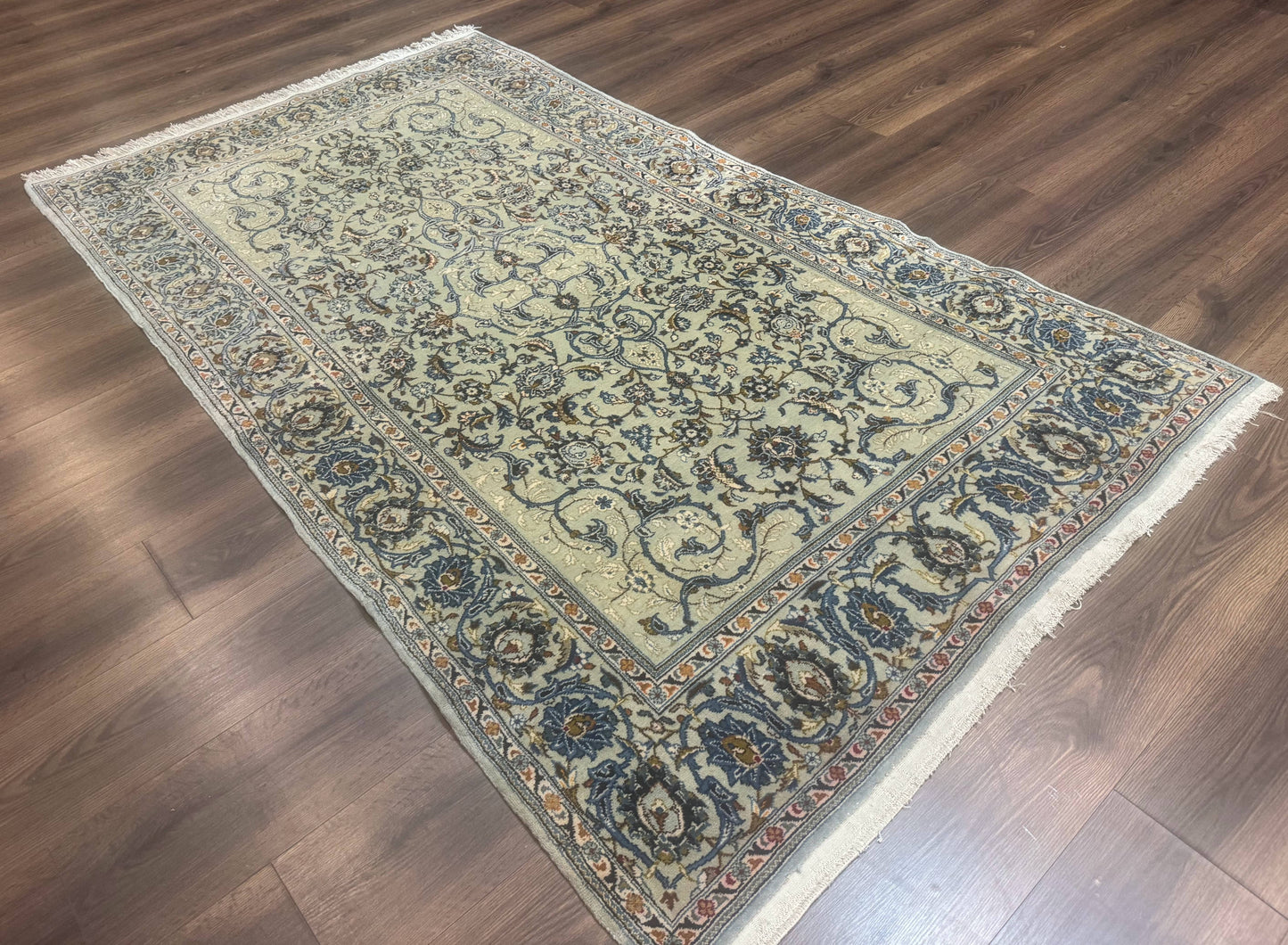 Persian Kashan Rug Vintage 225 KPSI Light Green And Light Blue Floral Medallionless Design
