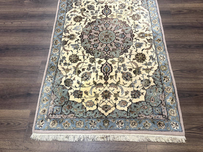 Persian Isfahan Rug 3x5, Fine 310 KPSI, Kork Wool Silk Foundation, Cream & Light Green