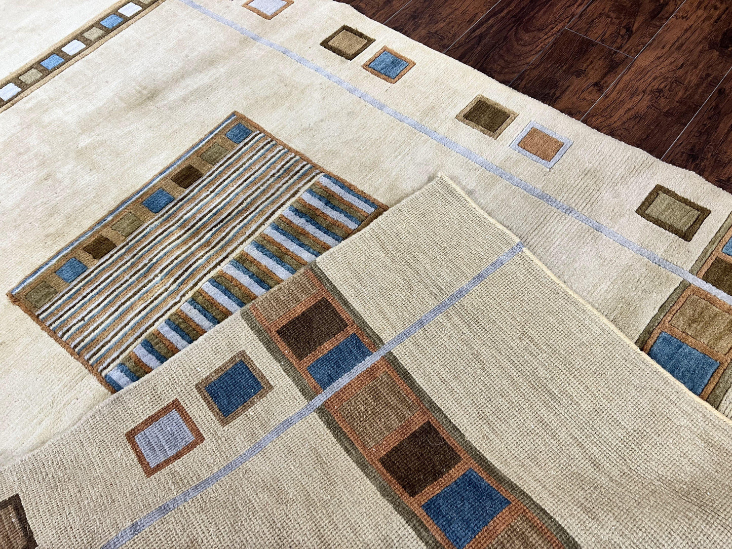 Tibetan Rug 5x8, Contemporary Rug 5 x 8 ft, Cream Brown Blue Hand-Knotted Wool w/ Silk Highlights Tibetan Carpet, Modern Rug