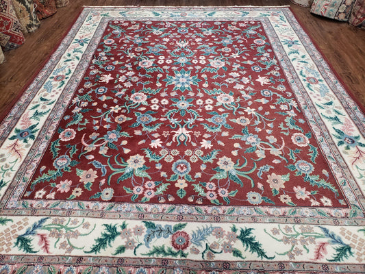 Indo Persian Rug 7.9 x 9.9 ft, Room Sized Indian Carpet, Wool Handmade Vintage Rug, Allover Floral Rug, Traditional Rug, Red Ivory Blue 8x10