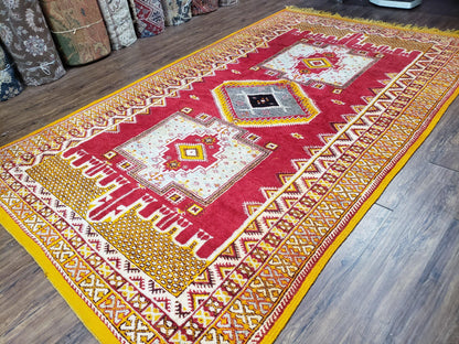 Vintage Moroccan Rug 6x10, Red and Yellow Moroccan Carpet, Handmade Bohemian Tribal Area Rug, Hand-Knotted 1970s Wool Rug, Medalions