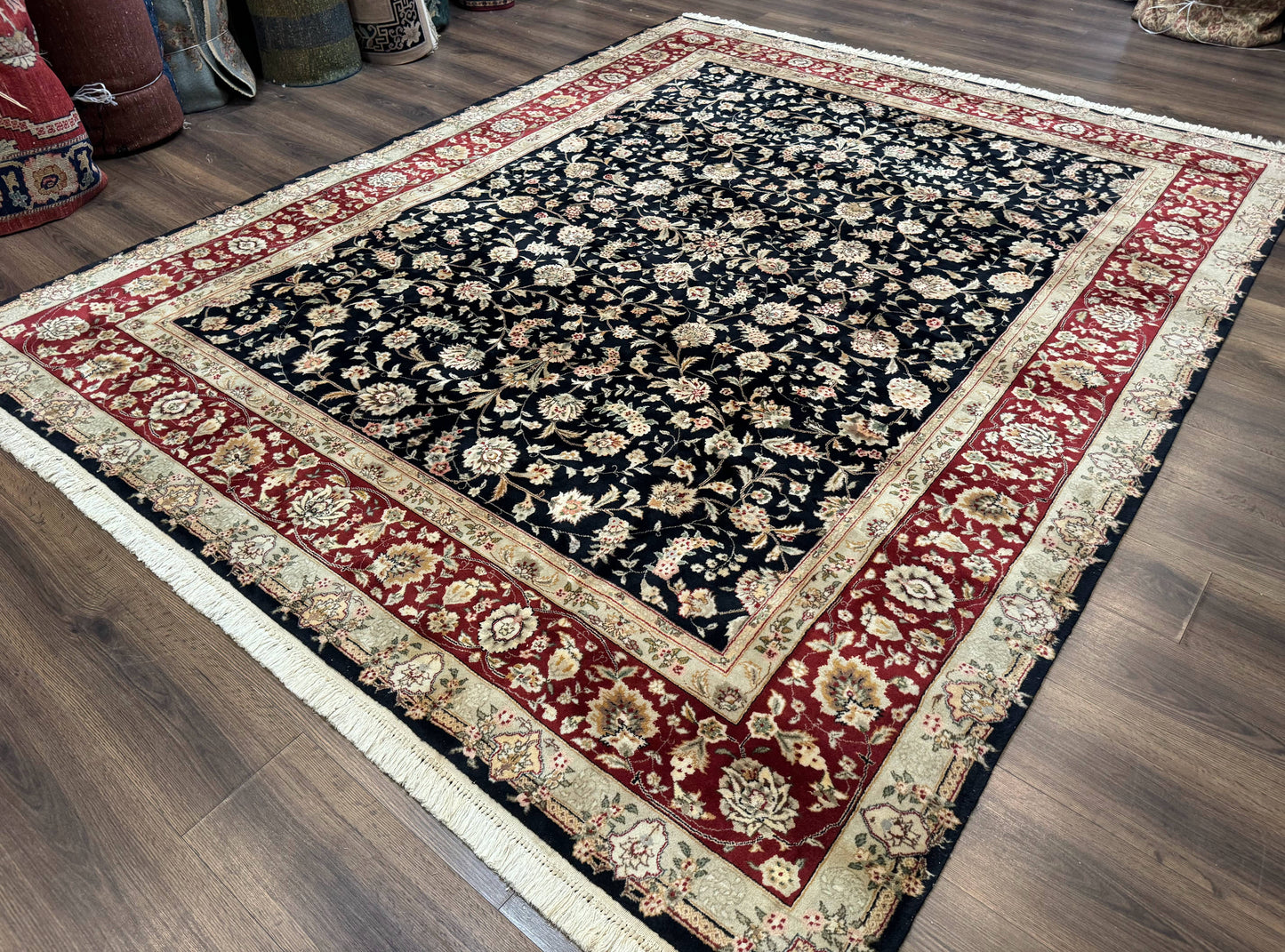 Sino Persian Rug 8x10 Vintage Hand Knotted Wool Floral Allover In Black And Red