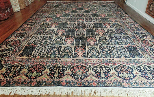 Persian Rug 10x15 Hand Knotted Wool Carpet Vintage Kirman Yazd Floral Dark Blue Beige