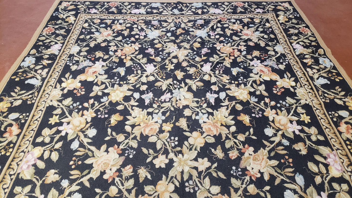 Vintage Needlepoint Rug 6x9 Butterflies Floral Design Wool Handcrafted