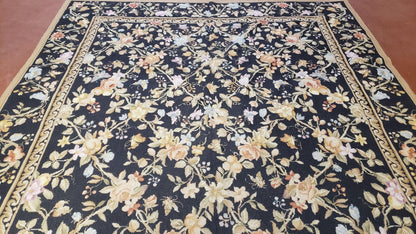 Vintage Needlepoint Rug 6x9 Butterflies Floral Design Wool Handcrafted