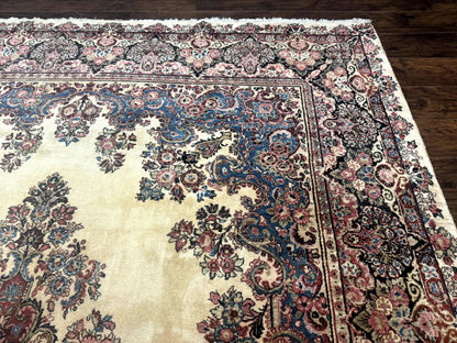 Persian Sarouk Rug 9x12 Ivory and Blue Hand Knotted Antique 1920s Semi Open Field Medallion