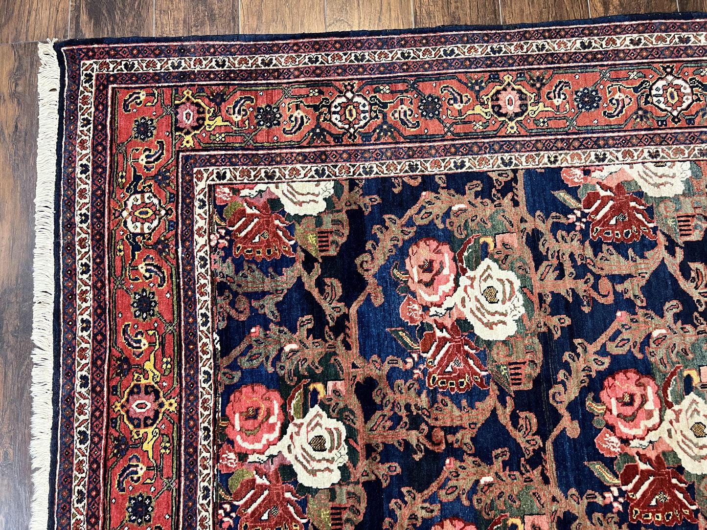 Persian Bidjar Rug 8x11, Floral Bouquets, Blue Black Red Pink, Handmade Hand Knotted Vintage Semi Antique Oriental Carpet
